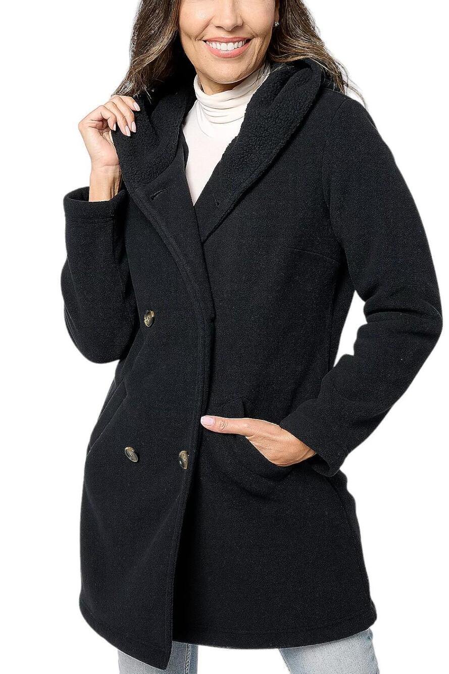 Denim & Co. Fleece & Sherpa Hooded Double Breasted Coat Black - Regular - Picture 1 of 1